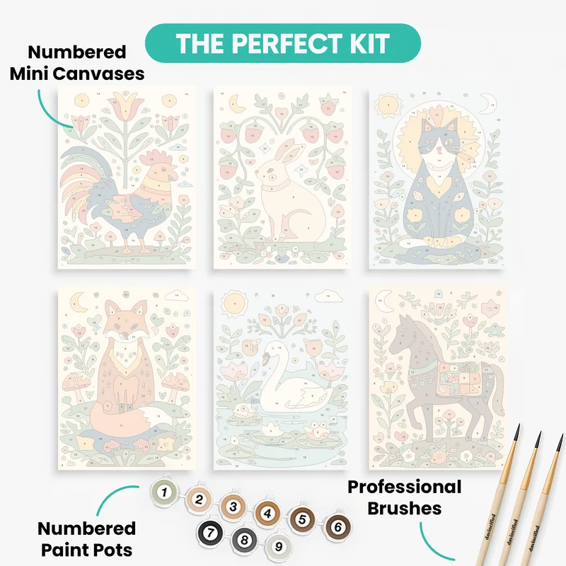 Folk Art Animals - Mini Paint by Numbers Set