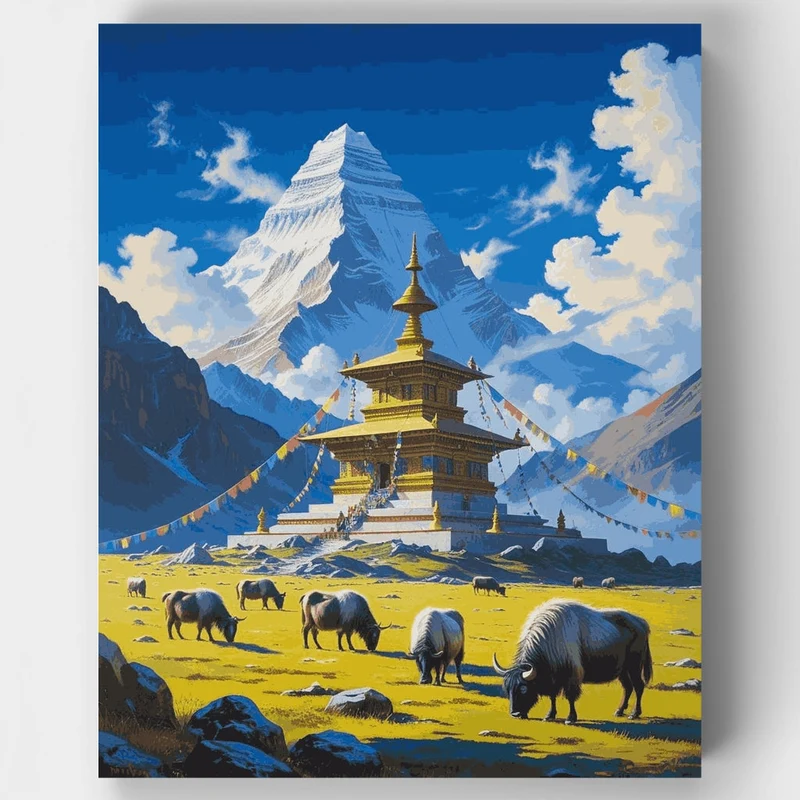 Sagarmatha National Park Golden Stupa and Yaks - Paint by Numbers Kit