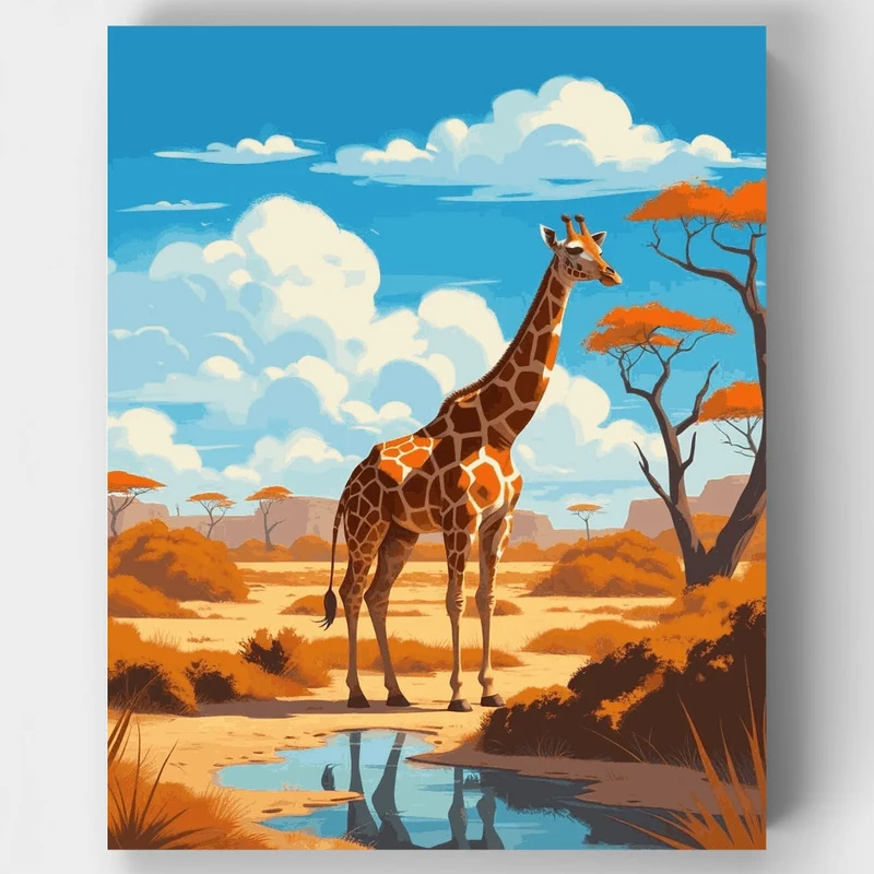 Giraffe by the Watering Hole at Masai Mara National Reserve - Paint by Numbers Kit