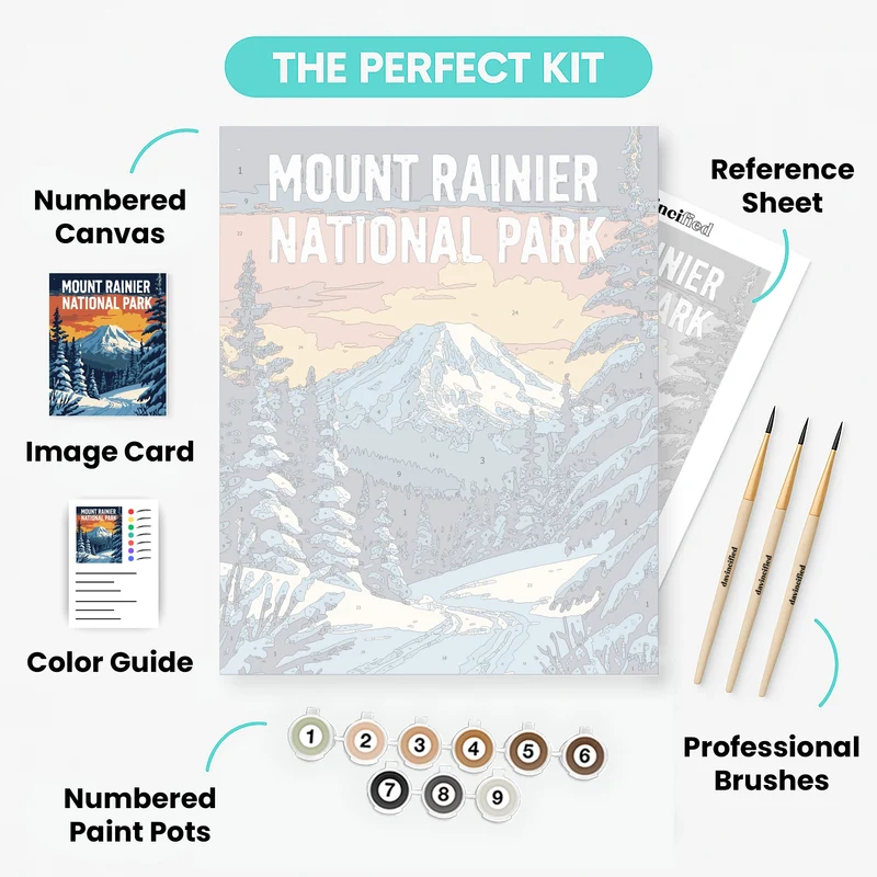 Mount Rainier National Park Snowy Forest Sunset - Paint by Numbers Kit