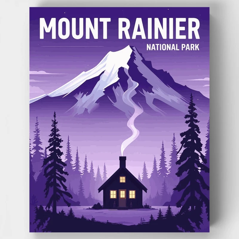Mount Rainier National Park Cozy Cabin Winter Night - Paint by Numbers Kit