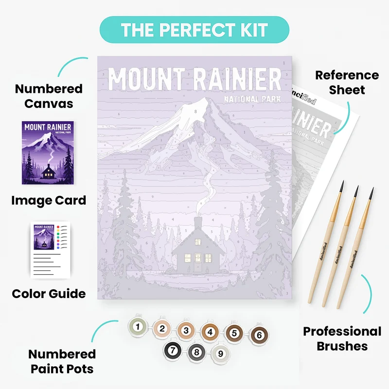 Mount Rainier National Park Cozy Cabin Winter Night - Paint by Numbers Kit