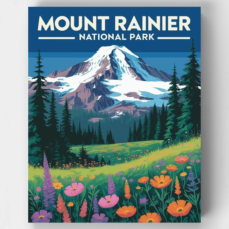 Mount Rainier National Park Wildflower Meadow Vista - Paint by Numbers Kit
