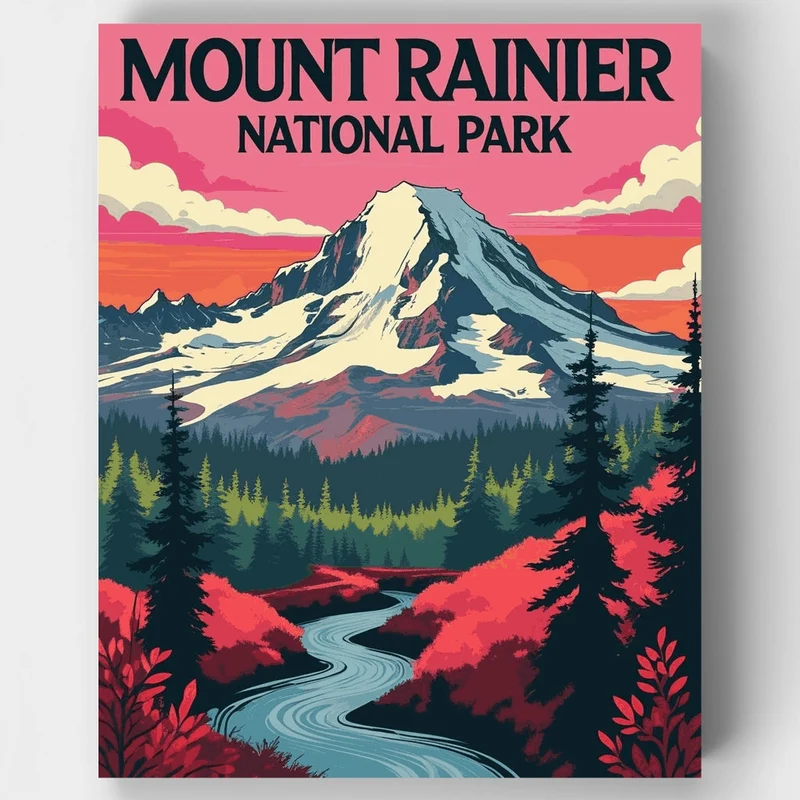 Mount Rainier National Park River Valley Sunset - Paint by Numbers Kit