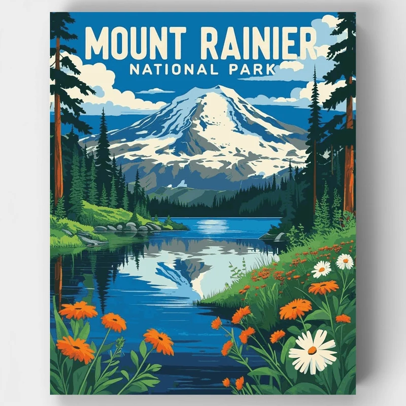 Mount Rainier National Park Alpine Lake & Wildflowers - Paint by Numbers Kit