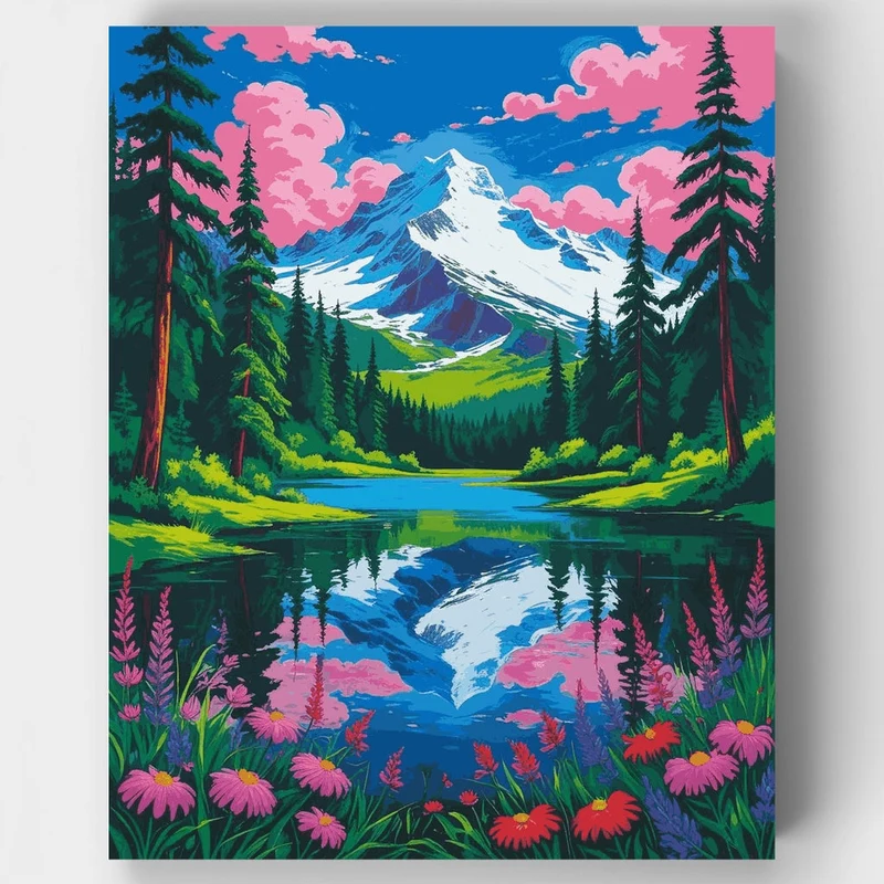 Mount Rainier National Park Wildflower Lake Reflection - Paint by Numbers Kit