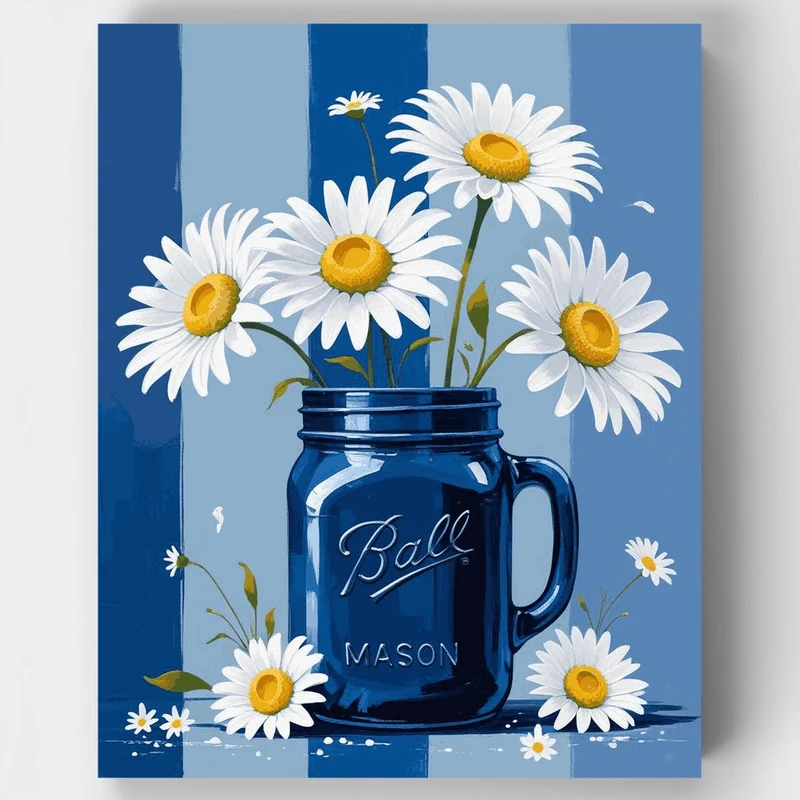 Blue Mason Jar Daisies - Paint by Numbers Kit