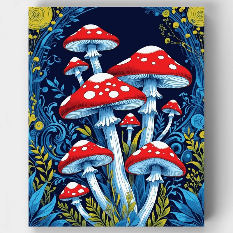 Whimsical Red Mushrooms in Enchanted Forest - Paint by Numbers Kit