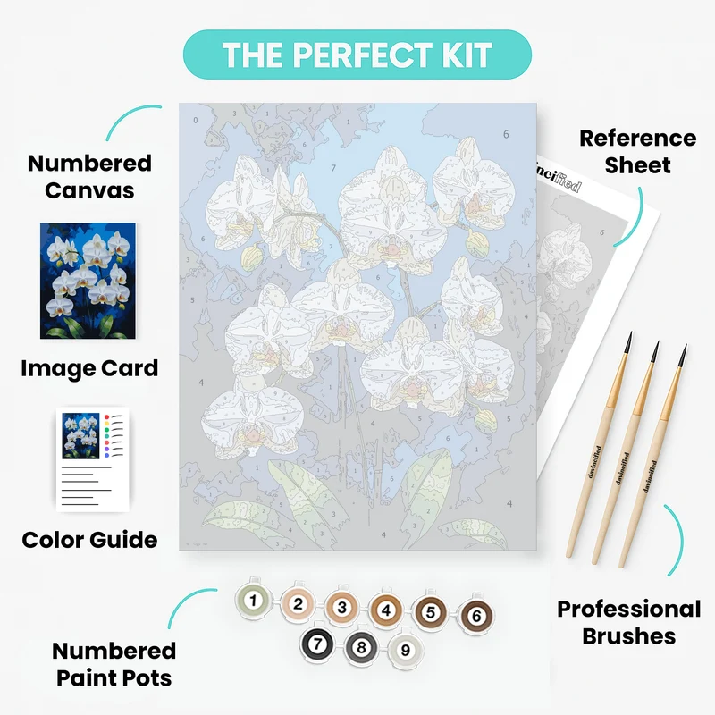 White Orchids on Blue Background - Paint by Numbers Kit