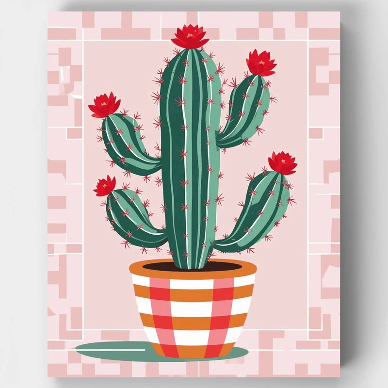 Vibrant Cactus with Red Flowers - Paint by Numbers Kit
