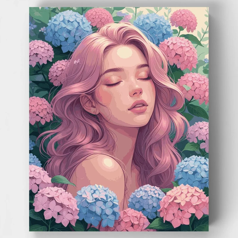 Woman with Pink Hair in Hydrangea Garden - Paint by Numbers Kit