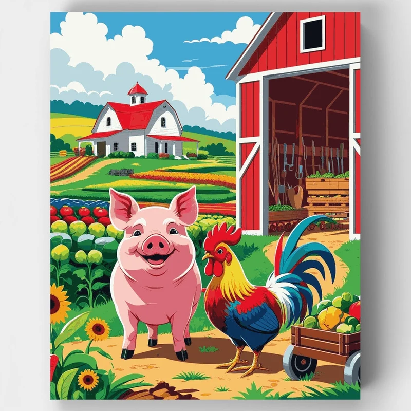 Farm Animals and Red Barn Scene - Paint by Numbers Kit
