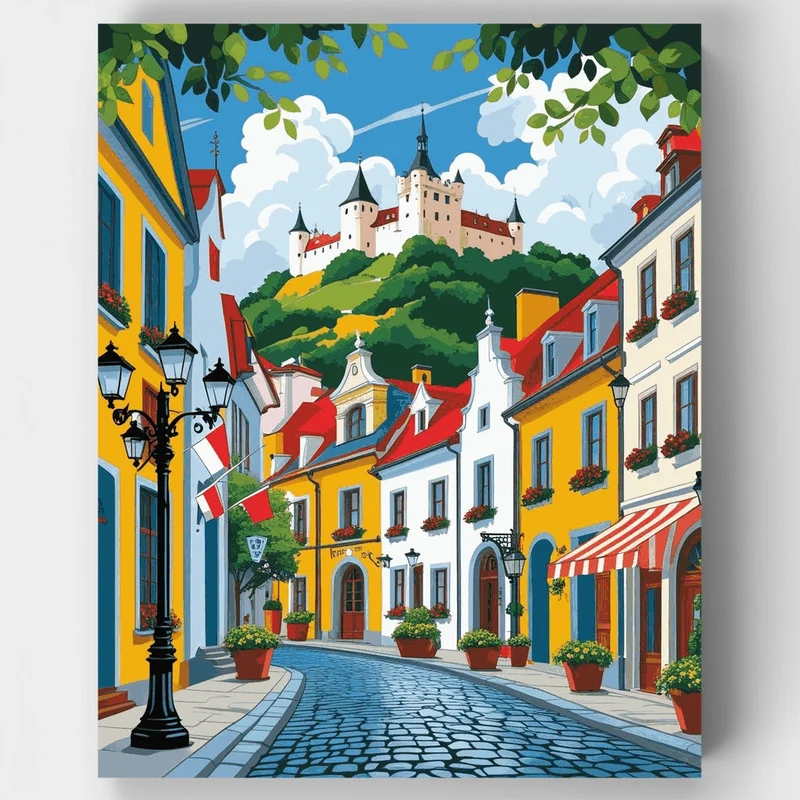 Charming European Village with Castle - Paint by Numbers Kit