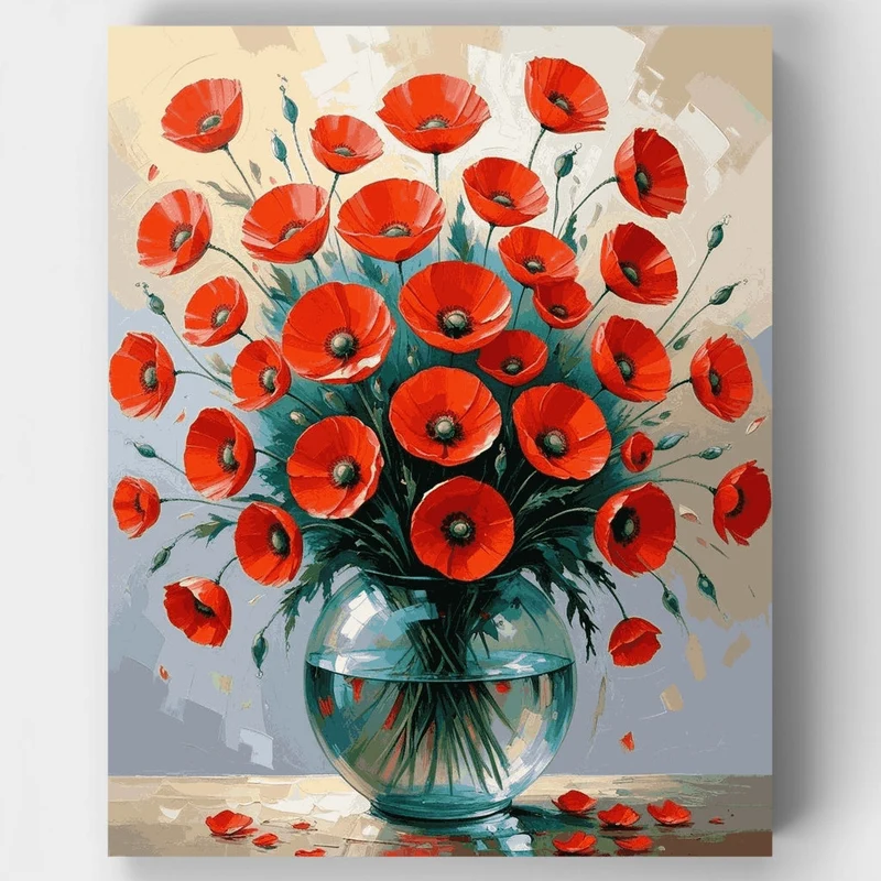 Red Poppies in Glass Vase - Paint by Numbers Kit