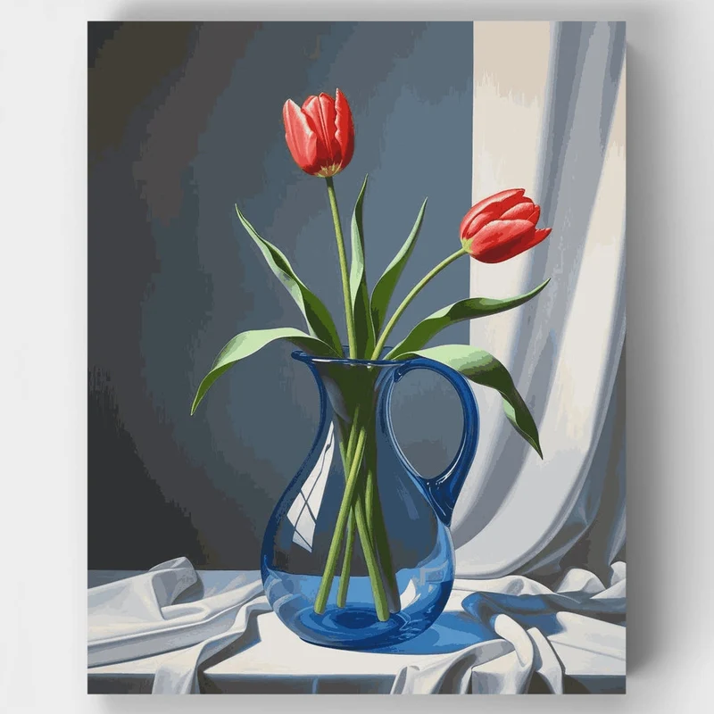 Red Tulips in Blue Vase - Paint by Numbers Kit