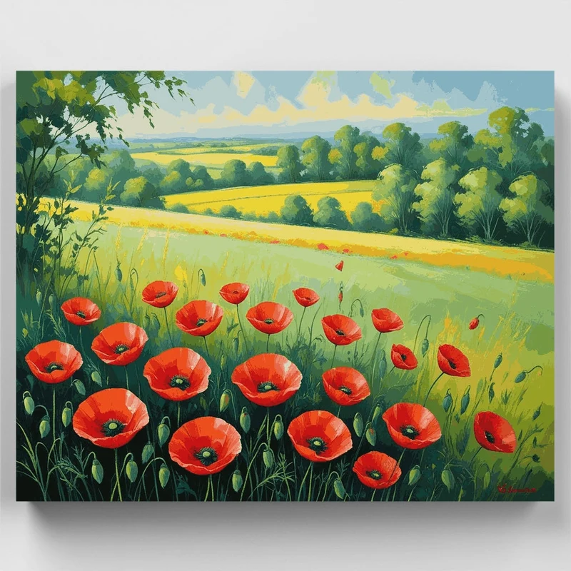 Red Poppies in Countryside Meadow - Paint by Numbers Kit