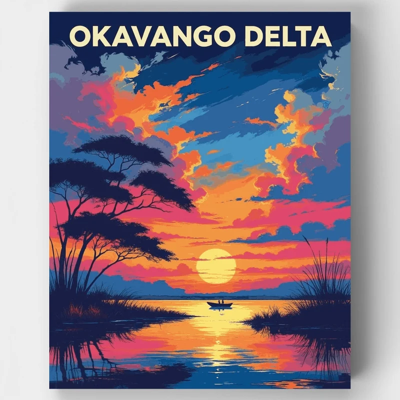 Okavango Delta Fiery Twilight Mokoro Silhouette - Paint by Numbers Kit