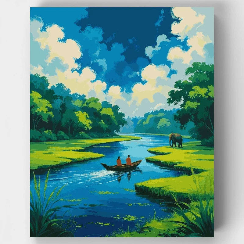Okavango Delta Elephant River Mokoro Adventure - Paint by Numbers Kit
