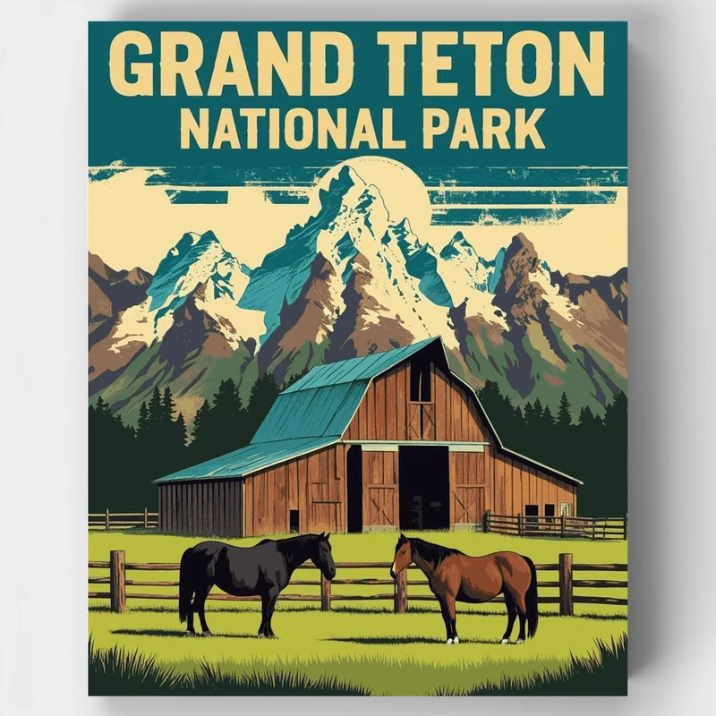 Grand Teton National Park Rustic Barn with Horses - Paint by Numbers Kit