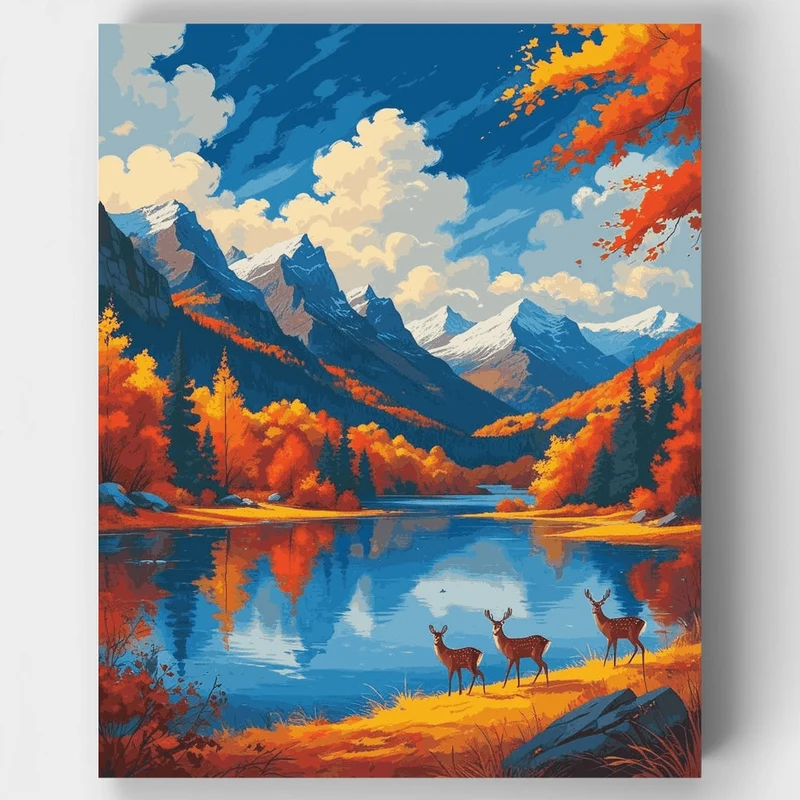 Glacier National Park Autumn Lake with Deer - Paint by Numbers Kit