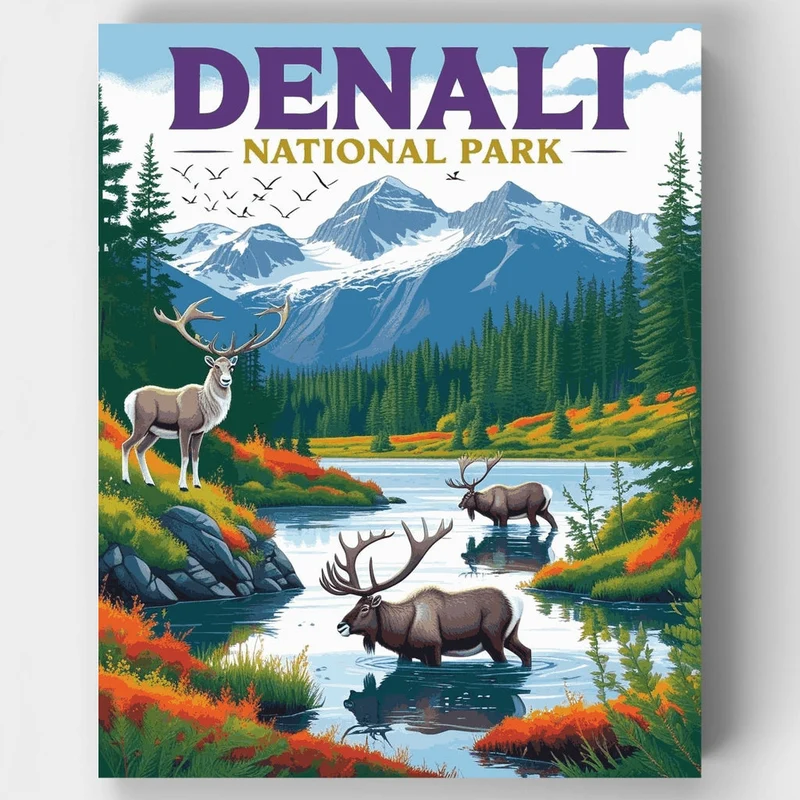 Denali National Park Moose and Caribou Wilderness Scene - Paint by Numbers Kit