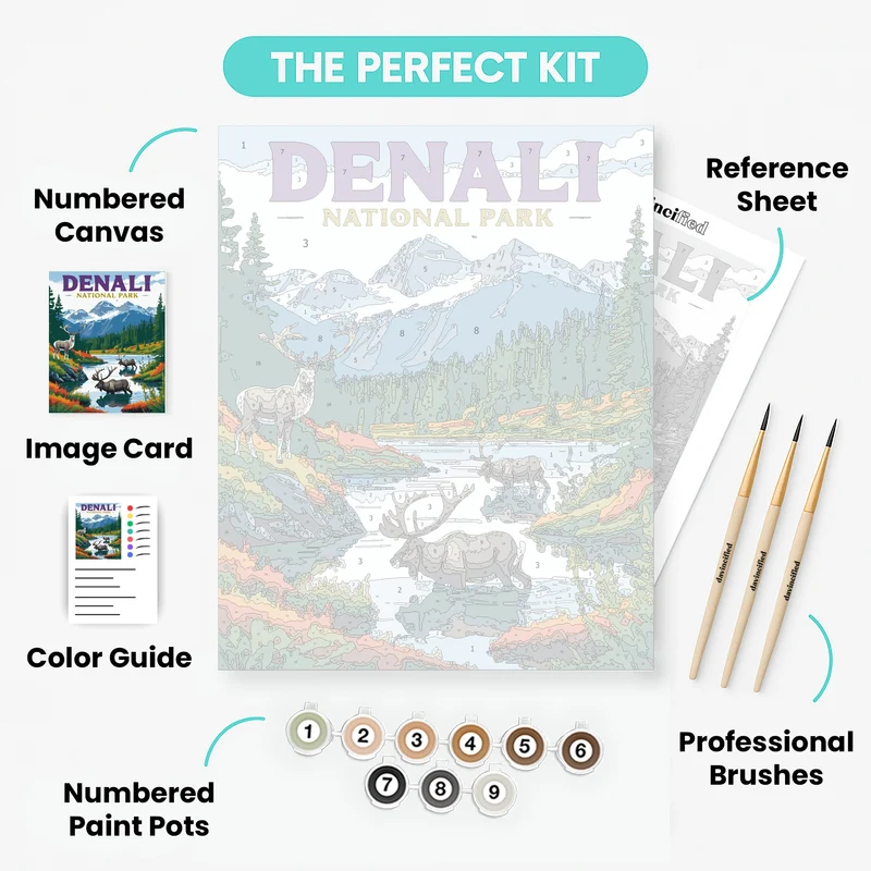 Denali National Park Moose and Caribou Wilderness Scene - Paint by Numbers Kit