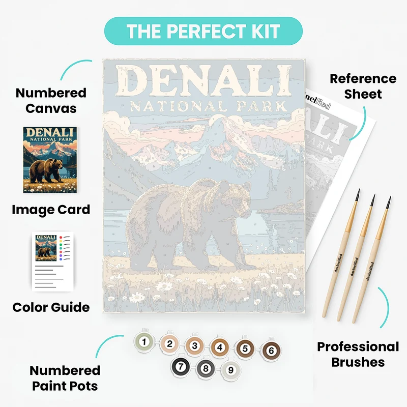 Denali National Park Grizzly Bear in Wildflower Meadow - Paint by Numbers Kit