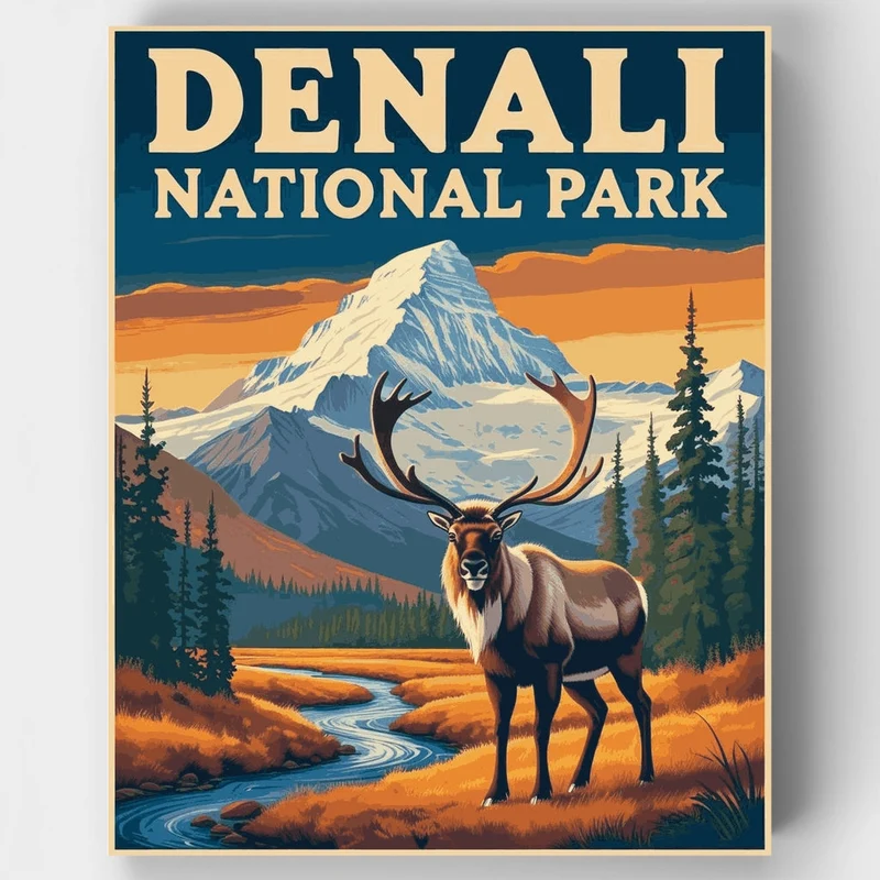 Denali National Park Caribou by the River - Paint by Numbers Kit