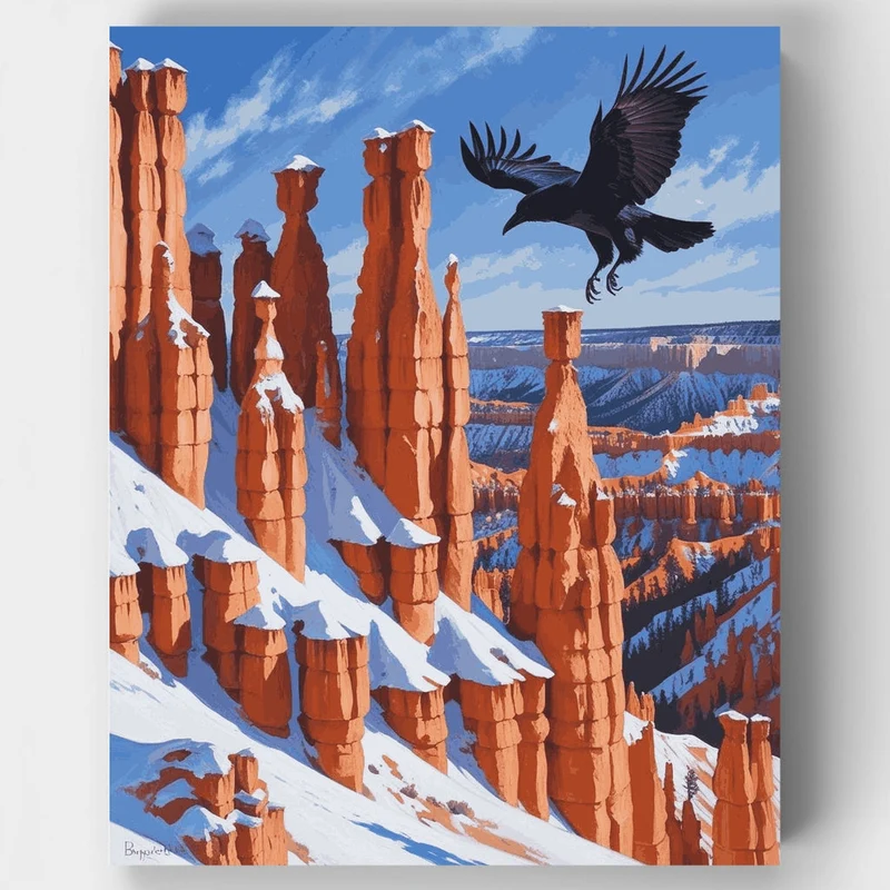 Bryce Canyon National Park Raven in Flight Over Snow-Capped Hoodoos - Paint by Numbers Kit