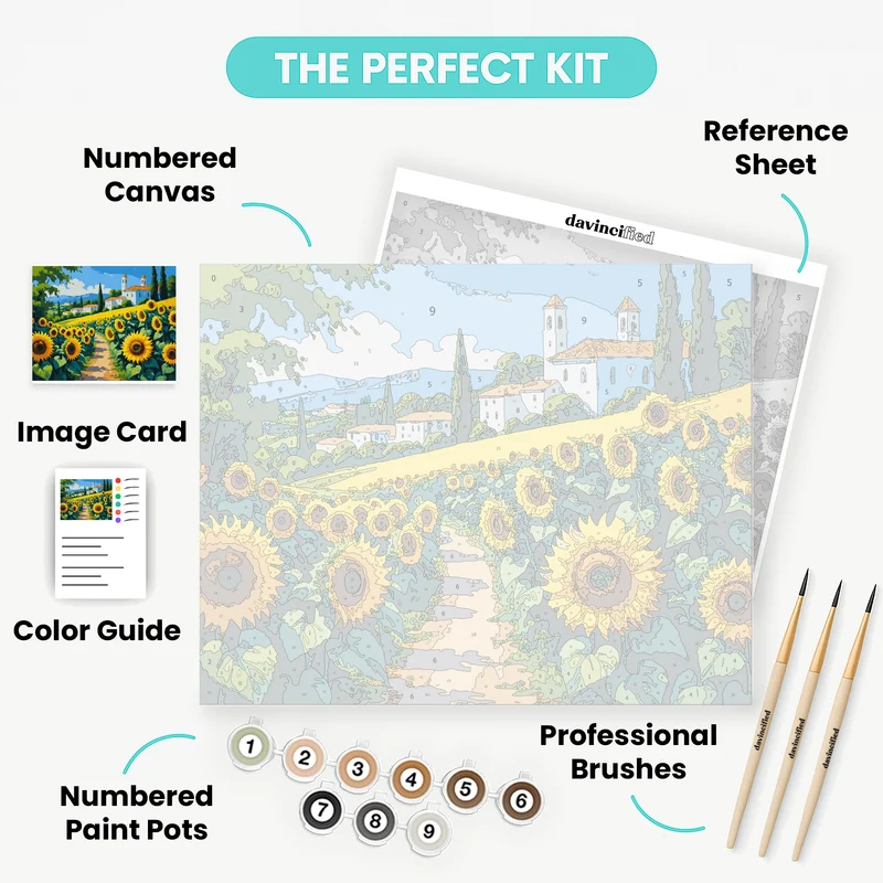 Tuscan Sunflower Field with Village Church - Paint by Numbers Kit