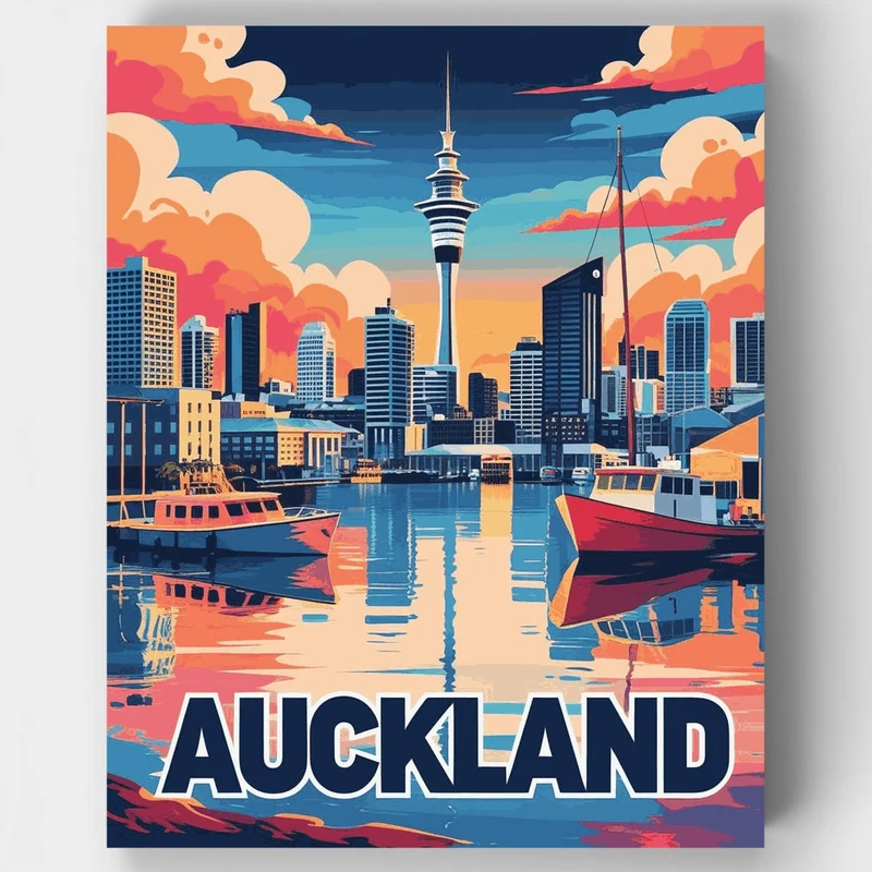 Auckland Harbour Skyline with Sky Tower at Dusk - Paint by Numbers Kit