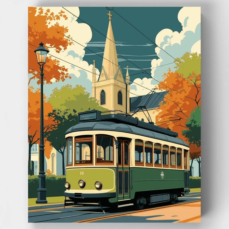 Adelaide Tram & Church in Autumn - Paint by Numbers Kit
