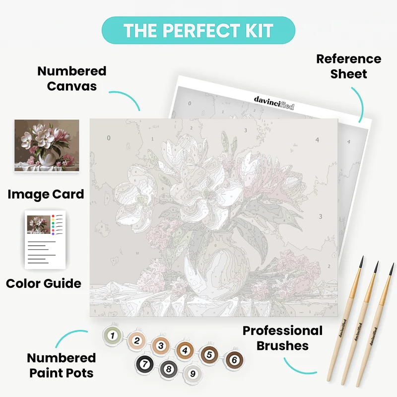 Elegant Magnolia and Pink Carnation Still Life - Paint by Numbers Kit