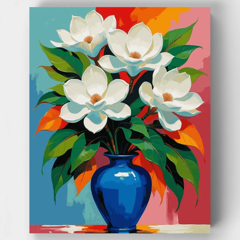 Magnolia Bouquet in Blue Vase - Paint by Numbers Kit