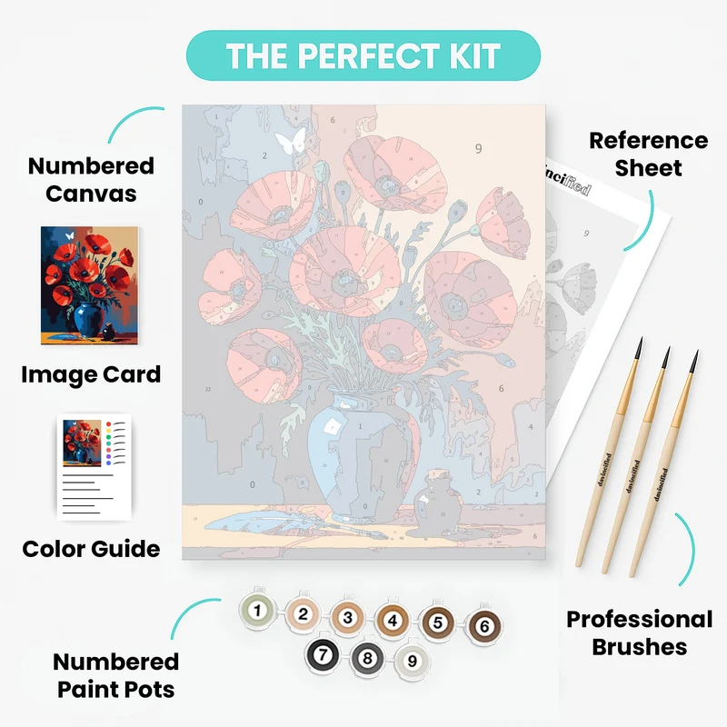 Red Poppies in Blue Vase - Paint by Numbers Kit
