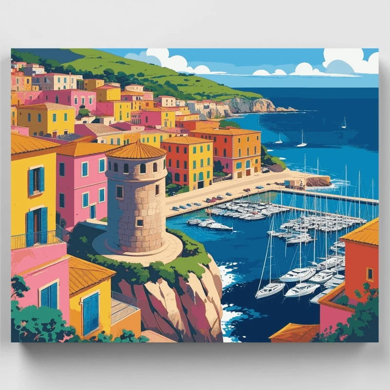 Mediterranean Coastal Colorful Harbor - Paint by Numbers Kit