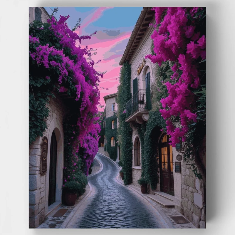 Mediterranean Village Street with Purple Bougainvillea - Paint by Numbers Kit
