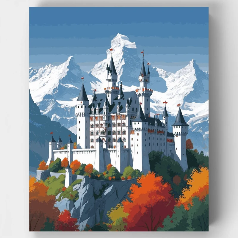 Neuschwanstein Castle with Snow Mountains - Paint by Numbers Kit