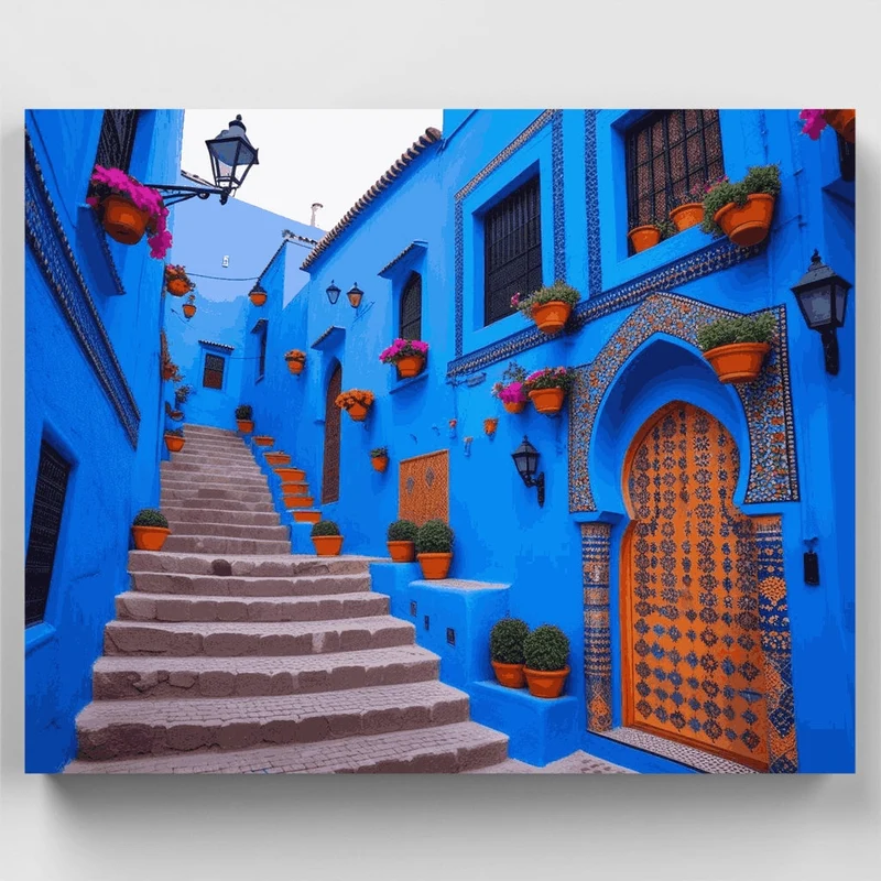 Moroccan Blue City Courtyard - Paint by Numbers Kit