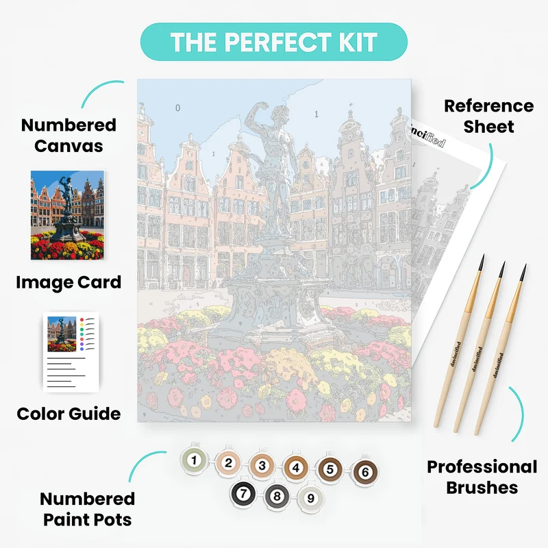 Belgian Town Square with Neptune Fountain - Paint by Numbers Kit