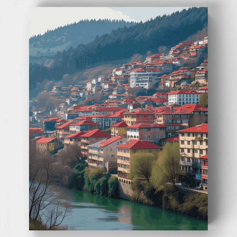 Hillside Town with Red Roofs by River - Paint by Numbers Kit