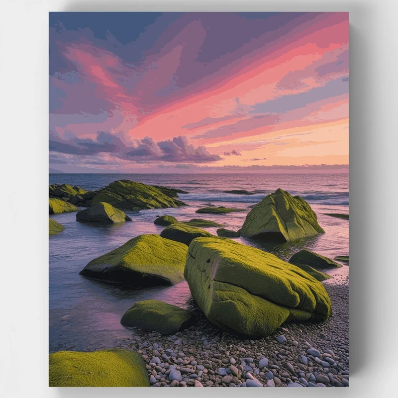 Moss-Covered Coastal Rocks at Sunset - Paint by Numbers Kit