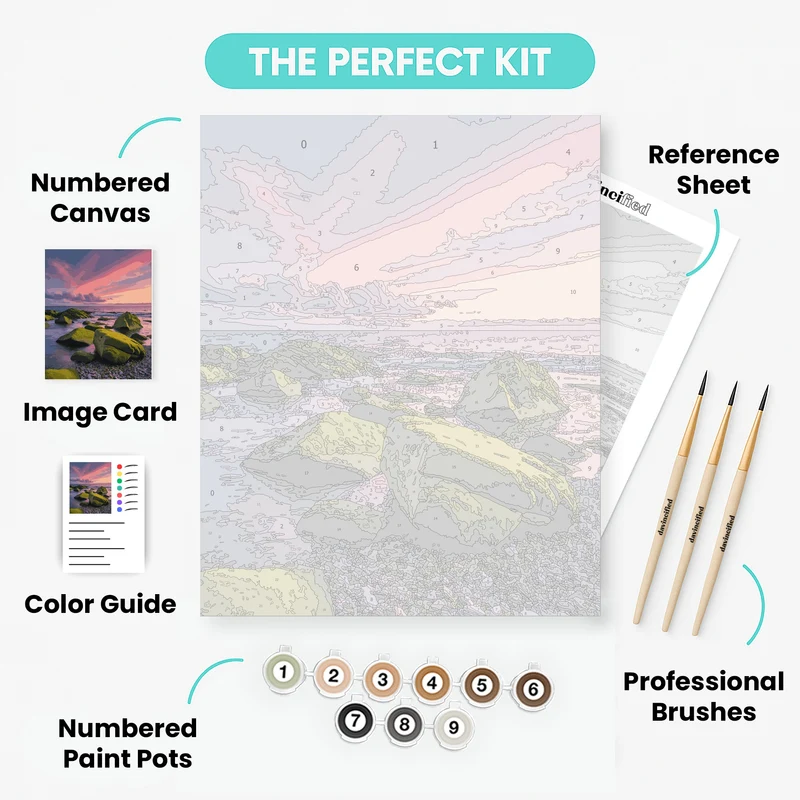 Moss-Covered Coastal Rocks at Sunset - Paint by Numbers Kit