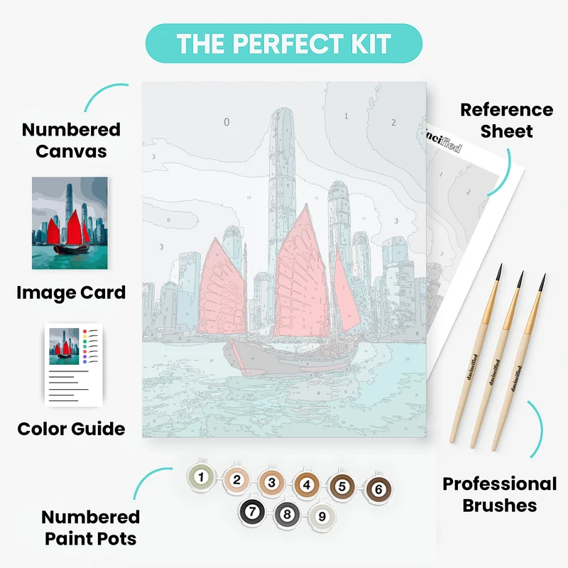 Traditional Red Sail Junk Boat in Hong Kong Harbor - Paint by Numbers Kit