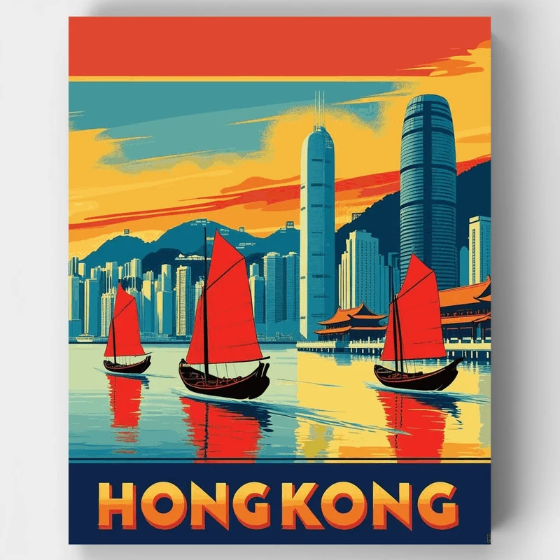 Hong Kong Harbor with Red Sail Junks - Paint by Numbers Kit