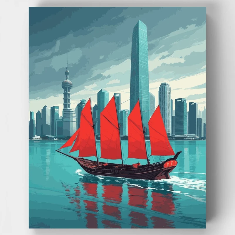 Hong Kong Skyline with Traditional Junk Boat - Paint by Numbers Kit