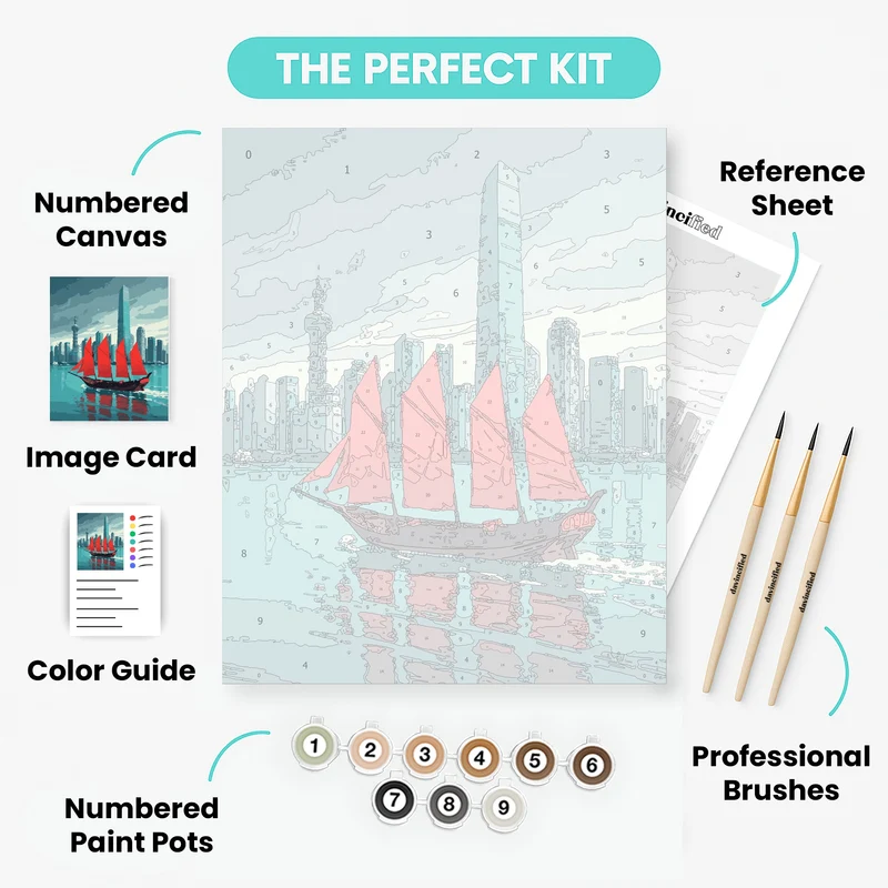Hong Kong Skyline with Traditional Junk Boat - Paint by Numbers Kit