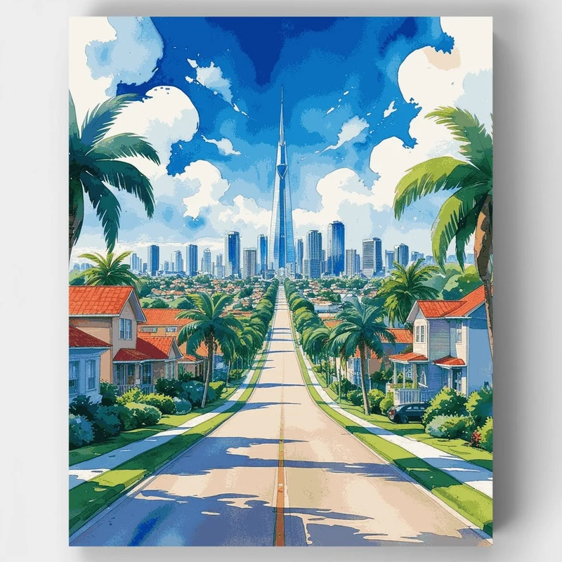 Brisbane Skyline Palm Tree Boulevard - Paint by Numbers Kit