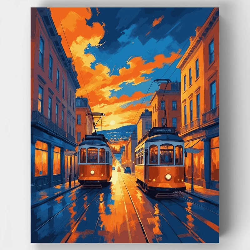 Lisbon Trams at Sunset - Paint by Numbers Kit