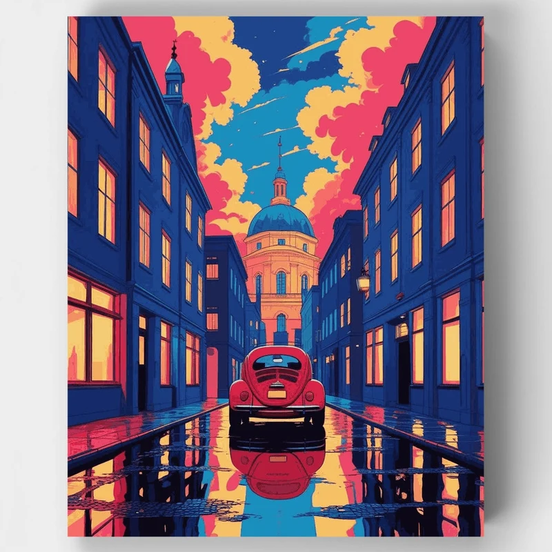 Dublin City Street at Dusk with Classic Red Beetle - Paint by Numbers Kit